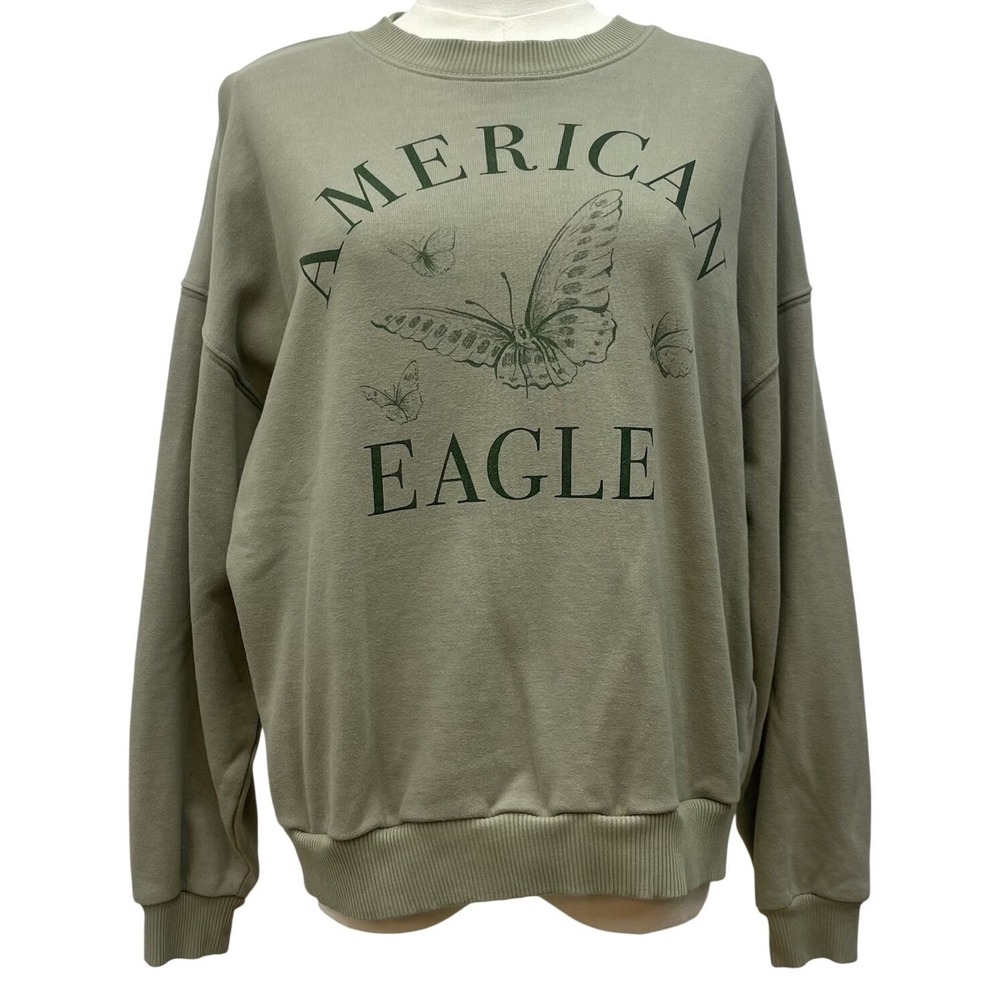 American Eagle Womens Sweatshirt M Sage Green Butterfly Graphic Pullover